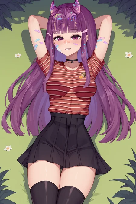 score_9, score_8_up, score_7_up, score_6_up, BREAK, KottyVTXL, bandaid on face, purple eyes, purple hair, long hair, blunt bangs, hair ornament, purple horns, black choker, medium breasts, striped shirt, red shirt, short sleeves, black skirt, black thighhighs, solo, lying on grass, arms behind head, looking at viewer, seductive smile, (forest) <lora:KottyVTXL:0.9>