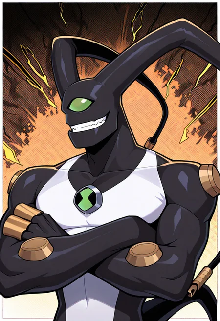 feedback, solo, smile, , tail, 1boy, no humans, green eye, single eye, , digimon (creature), black skin, , alien, masterpiece, best quality, amazing quality, very aesthetic, absurdres, newest, crossed arms, cables, , ((upper body, halftone effect, white borders, abstract background:1.2,))