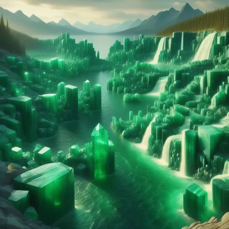 emeraldmorph, Liquid Marble Lake, Golden accents, aurora borealis?! a sea of cut emerald,