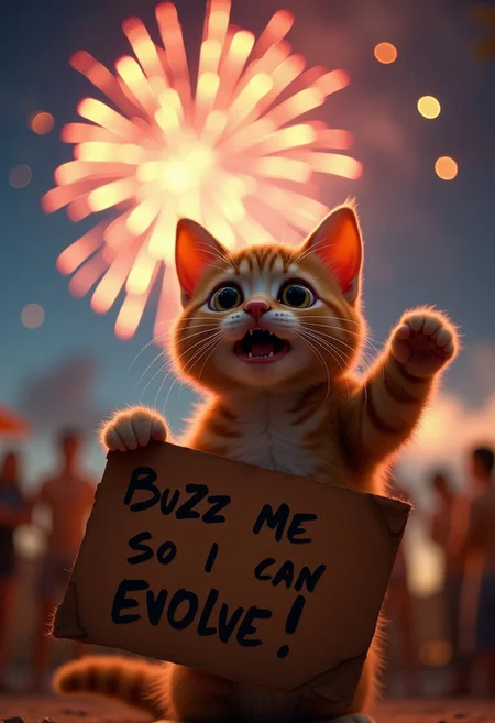 A cute cat, watching some fireworks with an over the top shocked facial expression, holding a sign it says "Buzz Me So I Can Evolve!", realistic, cinematic shot, head tilted back, large eyes, pointing at the viewer,