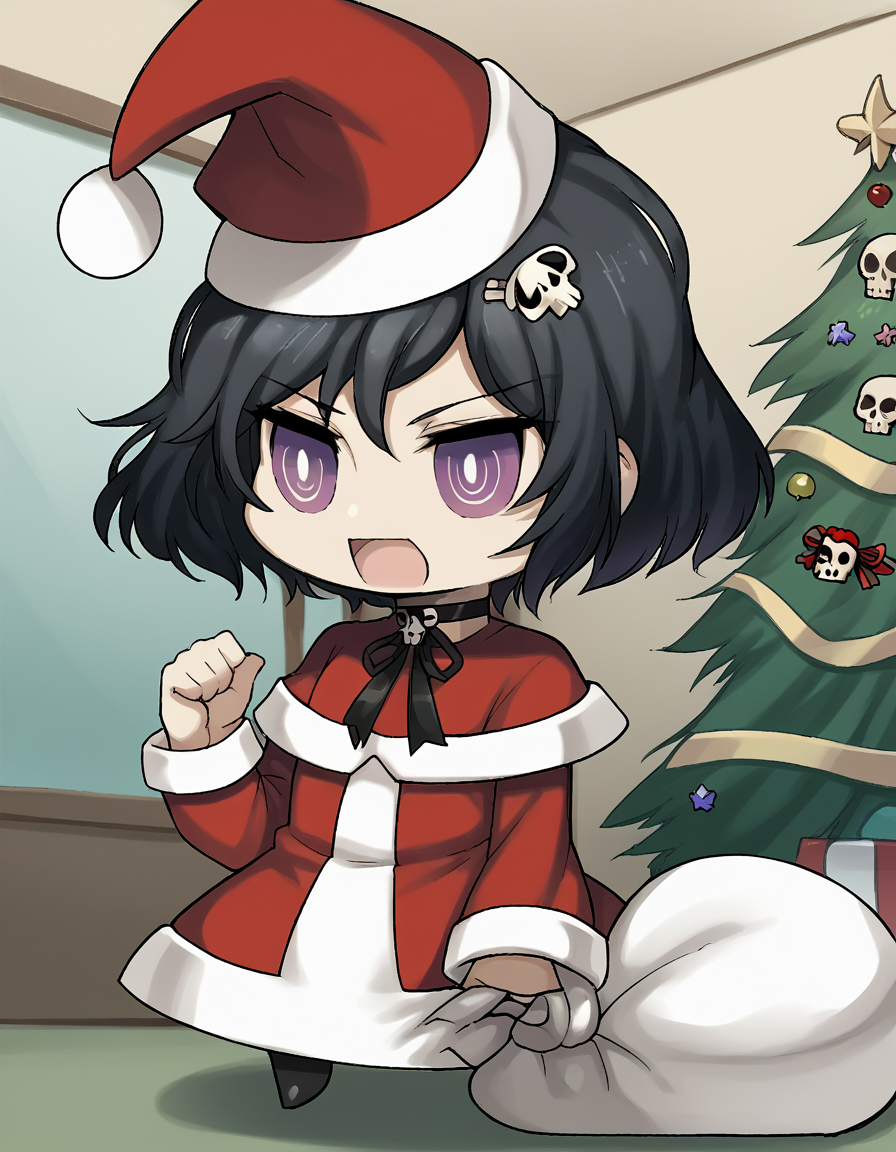 score_9, score_8_up, score_7_up, source_anime, <lora:luka-urushibara-ingame-ponyxl-lora-nochekaiser:1>, luka urushibara, black hair, choker, hair ornament, hairpin, male focus, otoko no ko, purple eyes, ribbon, ribbon choker, short hair, skull, skull hair ornament, trap,, <lora:padoru-ponyxl-lora-nochekaiser:1>, padoru, padoru (meme), holding sack, sack, santa hat, meme, christmas, open mouth, chibi, red capelet, santa dress, capelet, fur-trimmed headwear,, , dutch angle, cowboy shot