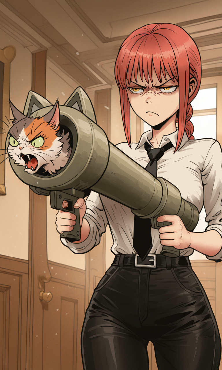 embedding:IllusP0s, f3rn4nd0, cat launcher gun, holding weapon, makima, annoyed, white shirt, black tie, 1girl, solo,<lora:cat launcher gun_illustrious.safetensors:1.0:1.0> <lora:Style_soph-Fernando-ILXL.safetensors:1:1>