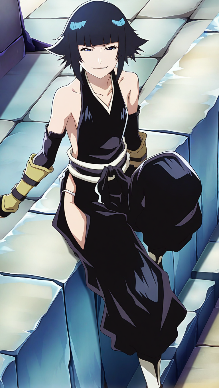 source_anime, masterpiece, best quality, amazing quality, anime screencap, high quality, 8k, absurdres, official style, 1girl, solo, looking at viewer, sitting on ledge, smug, <lora:Soifon_TYBW_iL:0.9>, s01f0n tybw, blue eyes, short hair, black hair, short hair with long locks, bangs, blunt bangs, soul reaper outfit, sleeveless kimono, detached sleeves, sleeveless, japanese clothes, puffy pants, bare shoulders, black kimono, collarbone, white waistband, black sash,