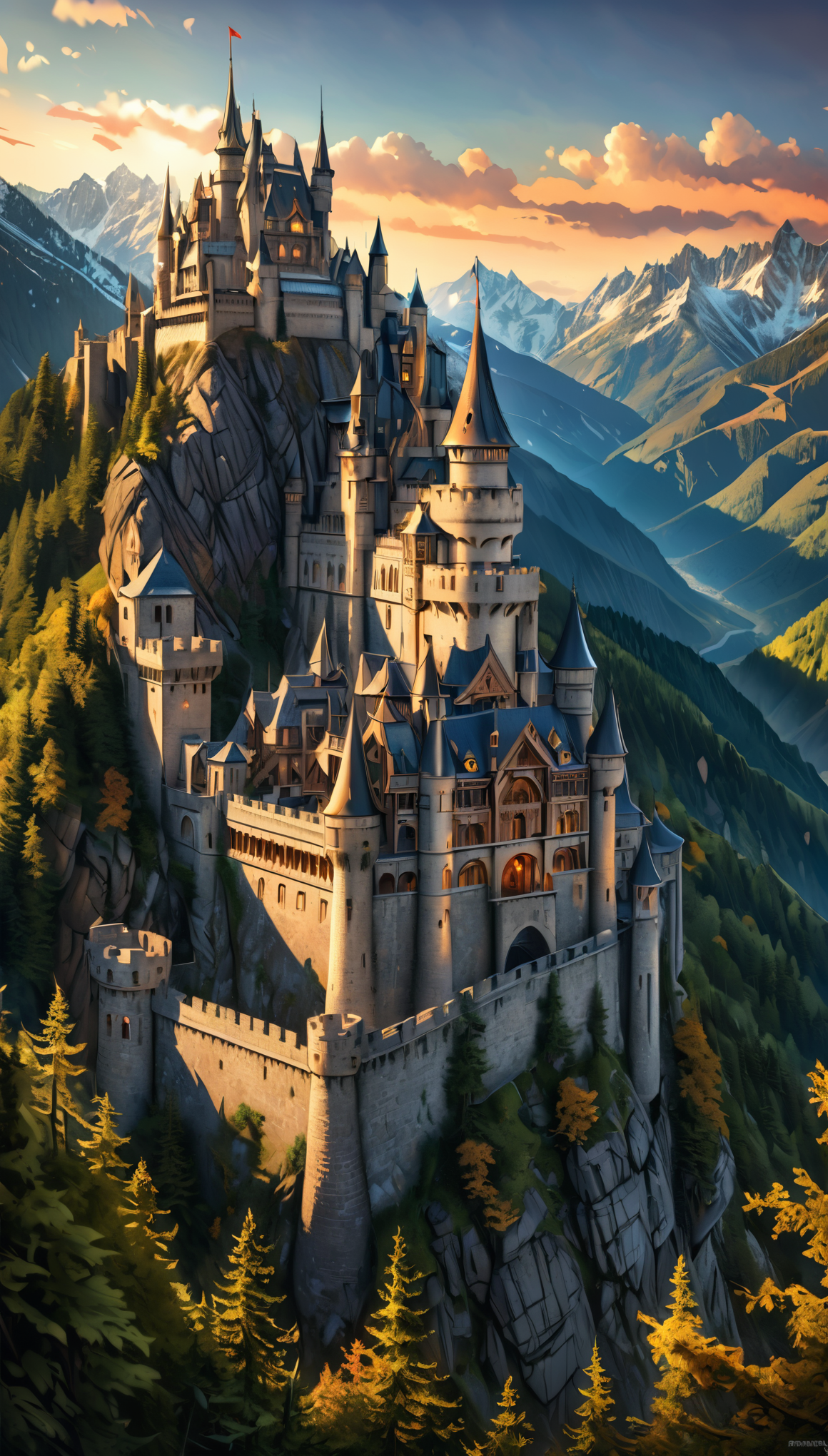A forbidden castle high up in the mountains, (intricate details:1.12), hdr, (intricate details, hyperdetailed:1.15), (natural texture, hyperrealism, soft light, sharp:1.2), surreal