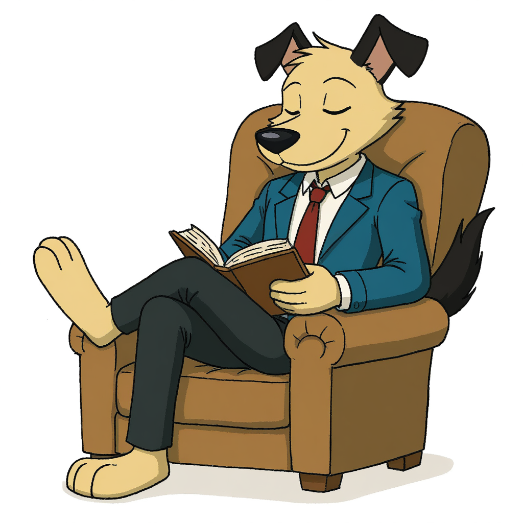 Happy, Wave, White Background, Serious, furry, Legs Crossed, Eyes Closed, simple background, book, K9 Sterling, necktie, Armchair, Smile, Standing