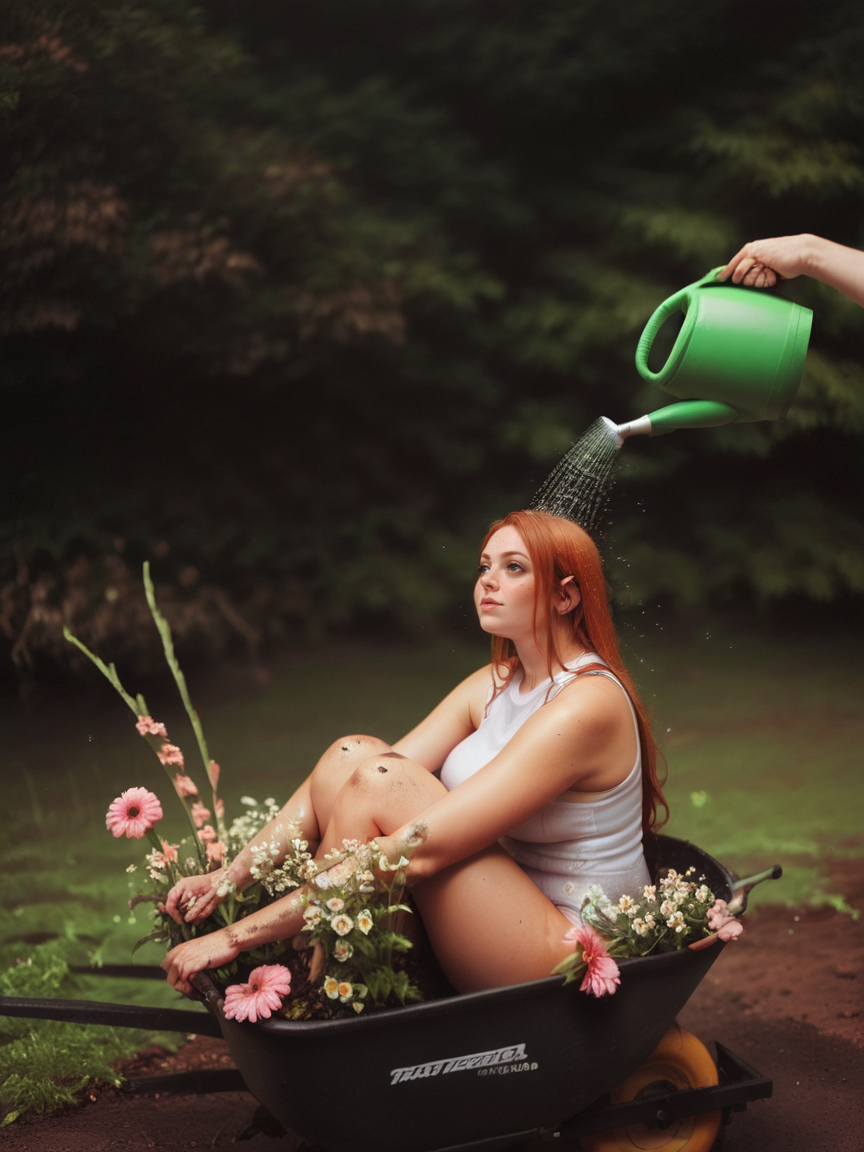 score_9, score_8_up, score_7_up, score_6_up, 1girl,  <lora:gr0wXLP:0.6> dirty, flowers, gr0w, leotard, wheelbarrow, ginger hair, large breasts, watering can