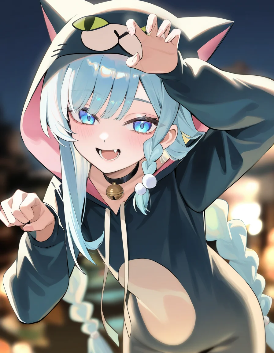 (haku_geroda:0.6),outdoors,simple_background,
yuebai,1girl,solo,long hair,very long hair,braid,blue eyes,bangs,choker,hair ornament,
looking at viewer,depth of field,cinematic_angle,mesugaki,(cat_costume:1.2),cat_pose,bell,fang,front view,
<lora:yuebai_noob:0.8>,masterpiece,best quality,very aesthetic,absurdres,