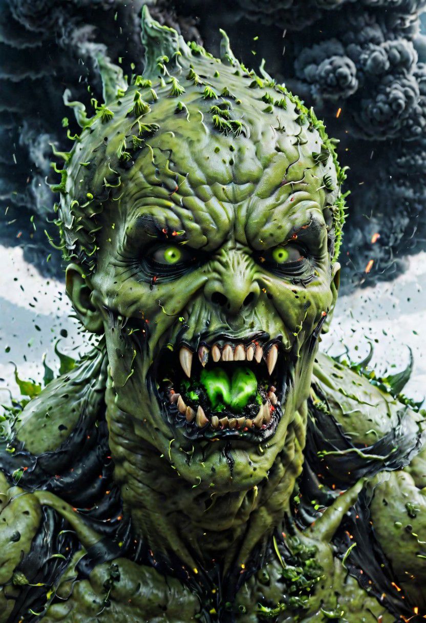According to the rules, in such cases, it was supposed to become a black impenetrable cloud, fill the entire space with itself, catch up with green DEVIL SPAWN horror and look at him with an ominous luminous look from nowhere and from everywhere, which Bomchi immediately did.  Feeling of fear, feeling of horror,rich colors, ultra clear image, more realistic, high resolution photos, 8K HD wallpapershigh quality, intricate details,  ultra detailed, ,depth of field, 8k resolution trending on Artstation Unreal Engine 5, Epic,detailed background, <lora:xl_more_art-full_v1:1.2>  <lora:JuggerCineXL2:0.8> , Cinematic,  <lora:EnvyActionShotXL01:0.8> action shot
