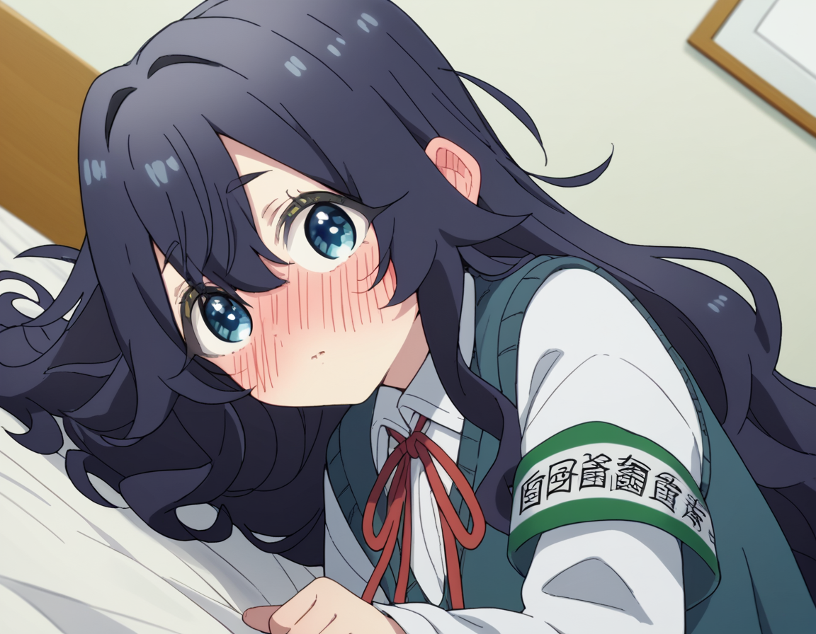 score_9, score_8_up, score_7_up, source_anime,
shizukayoshimoto, <lora:shizuka-yoshimoto-s1-ponyxl-lora-nochekaiser:1>,
shizuka yoshimoto, long hair, bangs, blue eyes, black hair, hair between eyes, wavy hair,
skirt, shirt, ribbon, school uniform, white shirt, pleated skirt, red ribbon, neck ribbon, armband, sweater vest,
indoors, bed, bed room, on side, blush, drunk,
looking at viewer, cowboy shot, dutch angle, solo,