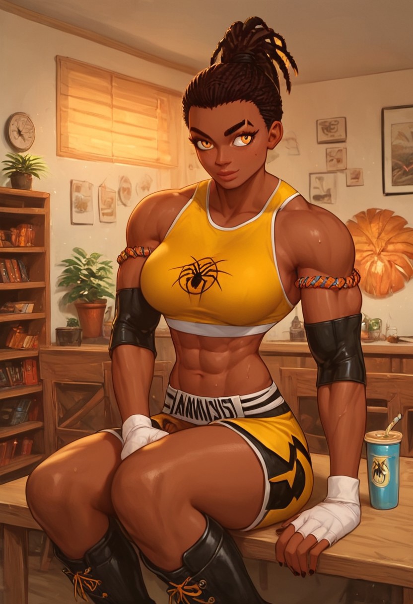 score_9, score_8_up, score_8, score_9_up, DonMC0m1cM4g1cXL, 1girl, solo, Nora Césaire, dark-skinned, amber eye, dreadlocks, braids, ponytail, tank top, shorts, lagging, knee-length black boots, mma gears, hyper muscular, slim waist, wide hips, large breasts, pose, strong