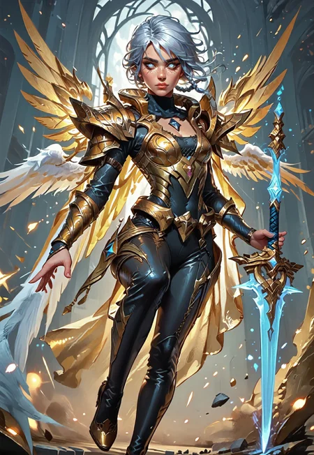 ((zPDXL3)), ((masterpiece,best quality, highly detailed)), ((score_9)), score_8_up, score_7_up, score_6_up, score_5_up, score_4_up, Digital painting style, brushstrokes, ((EnhanceImage)), solo, 1girl, DBRiven, silver hair, golden armor, black bodysuit, bodysuit, golden shoulder armor, sidebraid, silver eyes, cleavage, short hair, gold shoes, heels, wings, angel wings, blue hand, sword, Expressiveh, tanned-skin, 30yo, adult lustful confident woman, petite, slender body, perky saggy natural breasts, full lips, bangs, sidelocks, straps,
chinese magical sorceress, animated, swirling magic, wisps of magic, dancing pose, tight squeezed outfit, magical accessories, evoking motion, conveying motion, dynamic splash art,
<lora:PainterlyFantasiaPDXL:0.6>,