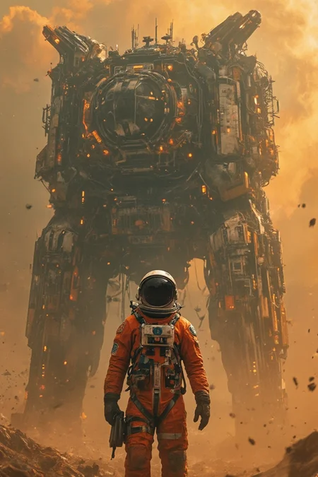 A cinematic shot of an astronaut in a vibrant orange spacesuit standing in the foreground, with a massive, intricate space station or spacecraft as the backdrop. The space station is adorned with numerous lights, windows, and technical details. The astronaut's suit is equipped with various gadgets and patches. The atmosphere is filled with floating debris and a hazy orange hue, suggesting either a celestial event or a post-apocalyptic setting.