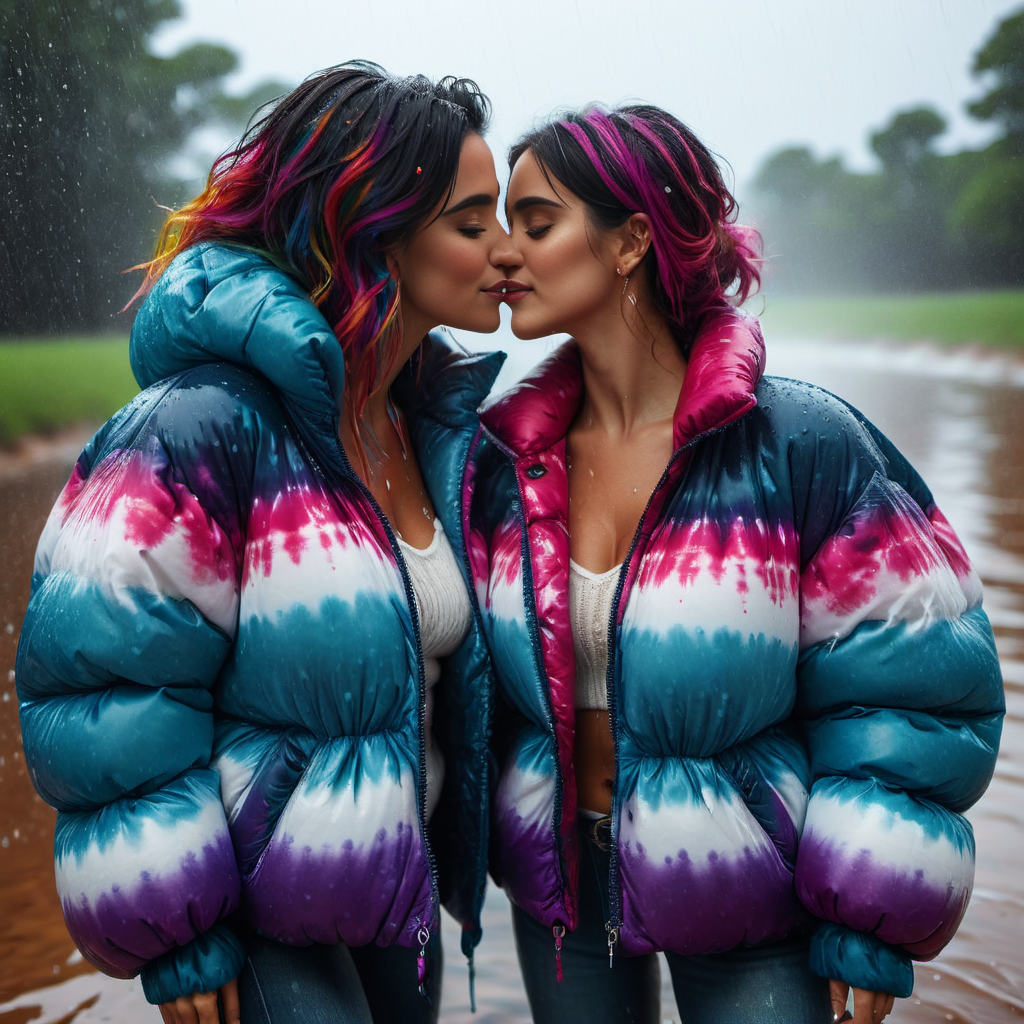 dark cinematic still with dark vibes, full body shot of kissing  spanish middle aged women  wearing an Tie-dye designs   extra_puffy_jacket,  unique hair styles,   looking at the camera, shallow depth of field, 8k uhd, dslr,  high quality, photorealistic, realism, hyperrealism,
, wetlook raining water scene 
 <lora:Puffer_Jacket_and_Down_Jacket_-_Extra_Puffy_Jackets:0.9>, smile  <lora:add-detail-xl:1>