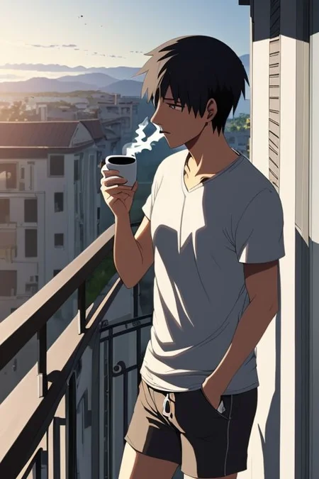 high resolution, solo, best quality, 1Boy, Takaki Toono, Brownish Hair, Brown Eyes, home balcony, morning, cigarette, coffee, t-shirt, shorts, looking away, OverallDetail
