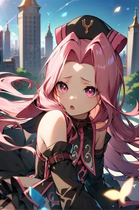 score_9, score_8_up, score_7_up, very aesthetic, source_anime, detailed, high quality, beautiful, masterpiece, detailed eyes,
<lora:lightXL:0.8>
city view, blurry background,
<lora:action-sdxl-V0.5:1>zdyna_pose
dynamic angle, upper body, close up,
dynamic pose, sad, open mouth, full body,
<lora:arietta_autismConfetti_v01:0.99>flat chest,
1girl, arietta \(tales\), black headwear, pink hair, pink eyes, garter straps, thighhighs, thigh boots, very long hair, zettai ryouiki, detached sleeves, parted hair, frills, black dress,, zPDXL