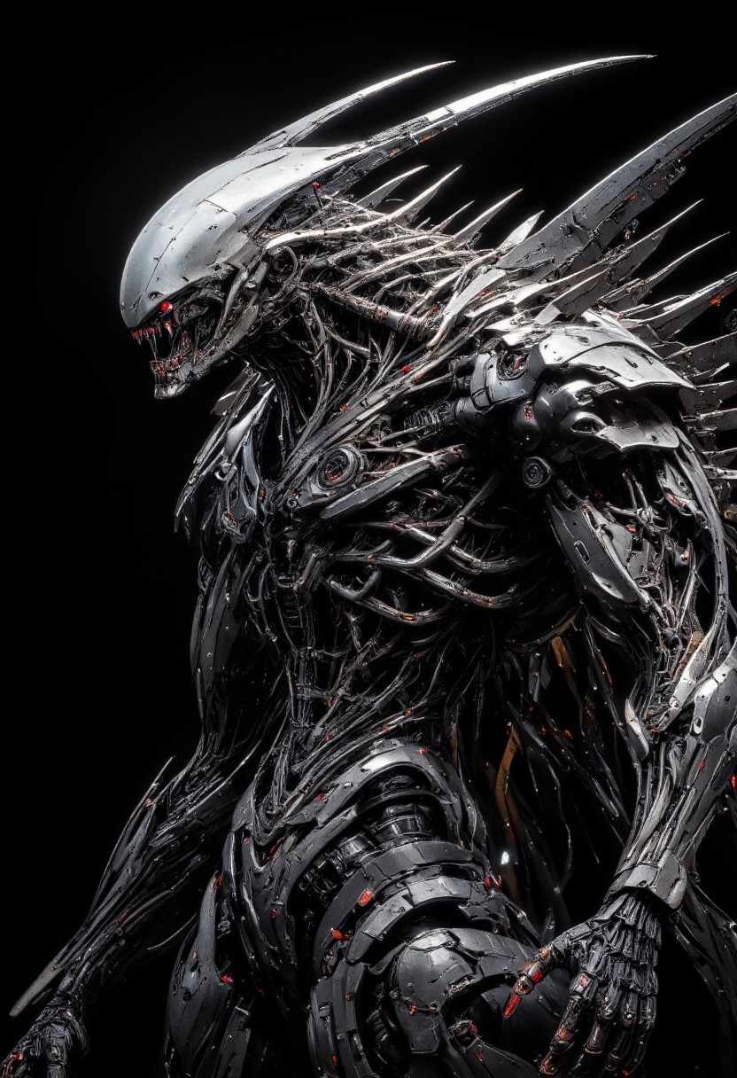 highly detailed and hyper realistic and dynamic.
This is a high-resolution CGI close up rendering of a massive, bulky,  biomorphic, bizarre, otherworldly creature. The creature is depicted in a three-quarter frontal view, showcasing its iconic, menacing features. The Biomorph's head is elongated with a smooth, dome-like structure, and though its mouth is closed it still reveals sharp, serrated teeth. The texture of its body is highly detailed, featuring a ribbed, exoskeletal surface with a rough, leathery appearance. The lighting is highly dramatic, casting deep shadows and highlighting the creature's intricate details. The color palette is very limited and dark and the background is pitch black, ensuring the Biomorph stands out sharply. The image has a very high aesthetic quality, capturing the terrifying essence of the character with meticulous detail and realism.