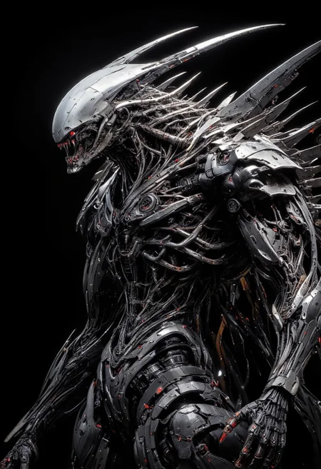 highly detailed and hyper realistic and dynamic.
This is a high-resolution CGI close up rendering of a massive, bulky, biomorphic, bizarre, otherworldly creature. The creature is depicted in a three-quarter frontal view, showcasing its iconic, menacing features. The Biomorph's head is elongated with a smooth, dome-like structure, and though its mouth is closed it still reveals sharp, serrated teeth. The texture of its body is highly detailed, featuring a ribbed, exoskeletal surface with a rough, leathery appearance. The lighting is highly dramatic, casting deep shadows and highlighting the creature's intricate details. The color palette is very limited and dark and the background is pitch black, ensuring the Biomorph stands out sharply. The image has a very high aesthetic quality, capturing the terrifying essence of the character with meticulous detail and realism.