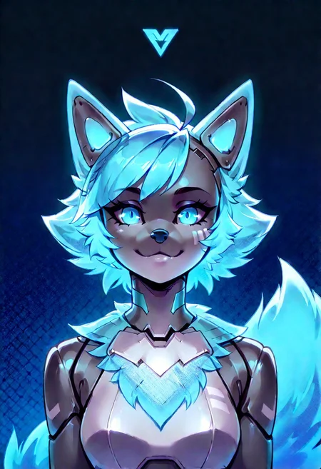 score_9, score_8_up, score_7_up, score_6_up, solo, masterpiece, ultradetailed,reallynxgirl_style,  changed, solo, 1girl, tail, ahoge, metal body, blue hair, halftone, robot, robot joints, animal nose, white marks, holographic fur, holographic hair, portrait, closwup,  detailed background