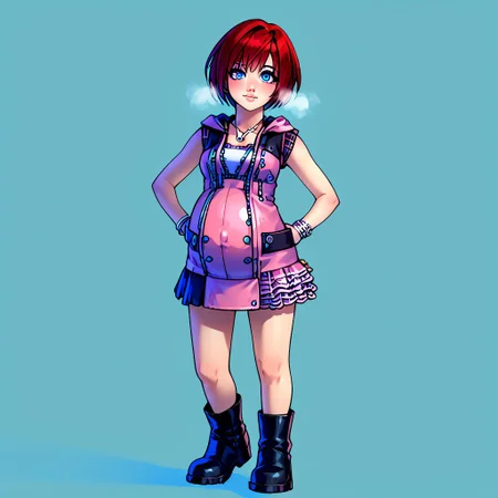 score_9, score_8_up, source_anime, highly detailed, 1girl, solo, kairi, 1girl, solo, blue eyes, zipper, jewelry, boots, dress, necklace, short hair, red hair, pink dress, zipper pull tab, pleated dress, short dress, pregnant, hyper_preg, exhausted, heavy breathing, blushing, hands on hip, looking at viewer, facing forward,