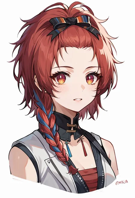 score_9, score_8_up, score_7_up, source_anime, 1girl, white background, simple background,
BREAK ,
chixia_ww, red hair, bangs pinned back, braid, upper body,
