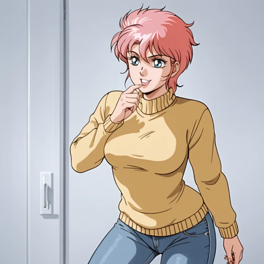<lora:rainaguydoubleagent_pony_v1:.8>Raina, 1980s (style), retro artstyle, short hair, 1girl, solo, large breasts,  pink hair, blue eyes, cowboy shot, sweater, jeans