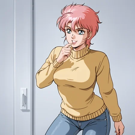<lora:rainaguydoubleagent_pony_v1:.8>Raina, 1980s (style), retro artstyle, short hair, 1girl, solo, large breasts,  pink hair, blue eyes, cowboy shot, sweater, jeans