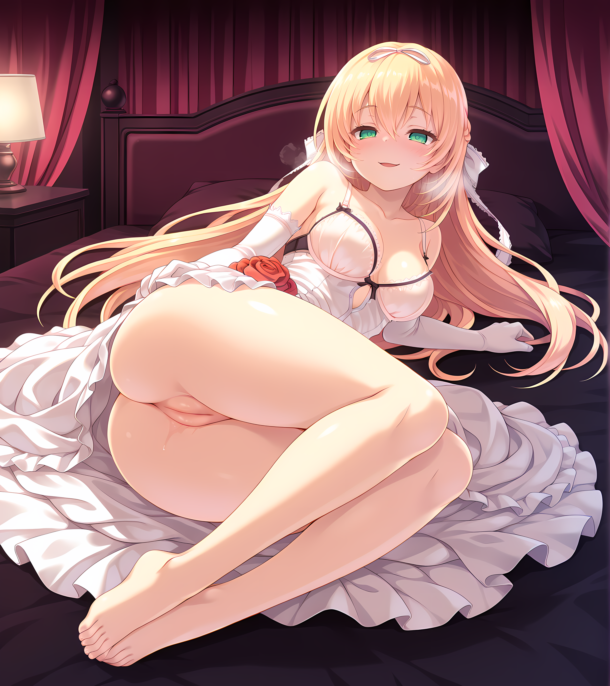 <lora:Alicia_Close_ã¢ãªã·ã¢ã¯ã­ã¼ãº_-_Escude_-_Relord:0.8>,aliclose,blonde hair,long hair,green eyes,medium breasts,rose,hair ribbon,bride,white dress,see-through dress,white bra,very long hair,dim lighting,dark room,darkness,indoors,blush,heavy breathing,full body,elbow gloves,bedroom,solo,lace,partially undressed,upturned eyes,naughty face,on back,female pervert,curtains,love hotel,french braid,presenting pussy,no panties,on side,pleading eyes,, masterpiece,best quality,amazing quality,