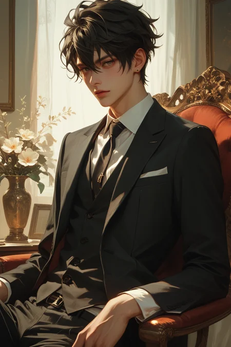 ((score_9, score_8_up, score_7_up)),  Expressiveh, <lora:Expressive_H:0.5>,    <lora:Niji_oil_painting_drawing-anime:0.4>, illustration, 2d, heavy impasto, semi-realistic,
a young man wearing suit,