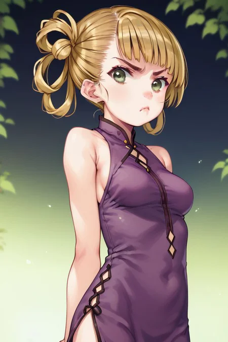 score_9, score_8_up, score_7_up, 1girl, pout, looking at viewer, arms_behind_back, golden hair, asymmetrical_bangs, hair rings, light green eyes, medium breasts, purple clothes, outdoors, vanishing point, dim light <lora:Focke_wulf_PonyXL_style_v01:1>
