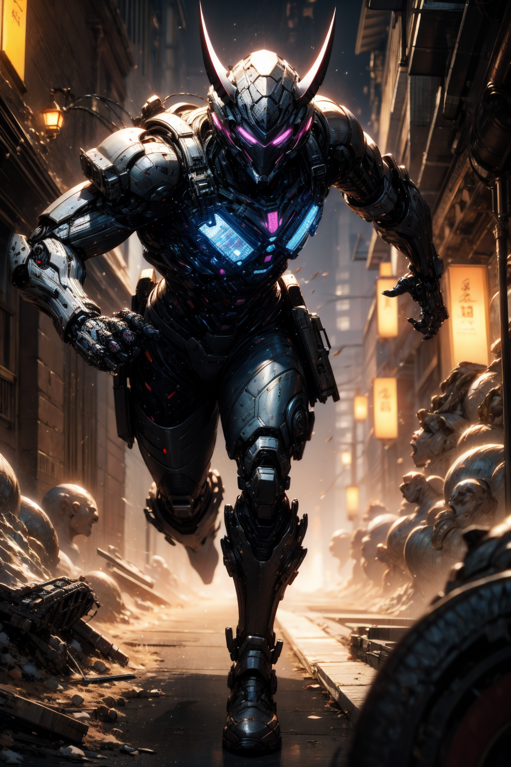 (masterpiece:1.1), (best quality:1.1), (vibrant colors:1.1), BREAK,
(solo.1.4), (old man:1.1), (muscled:1.0), (robot:1.0), (helmet:1.1), (mechanical parts:1.0), (biomechanical:1.0), (cybernetic augmentations:1.0), (horns:1.0), (running:1.1), (dynamic:1.1), BREAK,
(black theme:1.1), (night:1.1), (explosions:1.0), (lasers:1.0), (glowing:1.0), (debris:1.0), BREAK,
(cyberpunk:1.0), (science fiction:1.0), (synthwave:1.0), (biopunk:1.0)