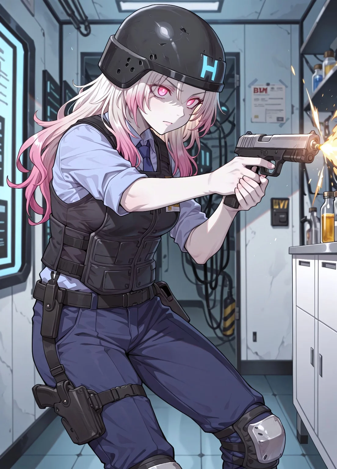 unholy-aesthetic, masterpiece, best quality, amazing quality, absurdres,
uw_h3len, 1girl, solo, two-toned hair, gradient hair, white hair, pink hair, pink eyes, glowing eyes, pale skin, medium breasts,
bm_sg, helmet, blue shirt, collared shirt, necktie, blue necktie, black vest, bulletproof vest, blue pants, knee pads, holster,
Serious, holding handgun, aiming, firing gun, muzzle flash, laboratory background, no light, dark room, blurry background, depth_of_field,