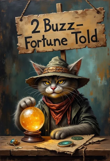 An evolyzed painting of an old, scruffy alley cat, looking mysterious and a bit rough around the edges, with a sign that reads, “2 Buzz – Fortune Told,” with a disclaimer below: “Accuracy not guaranteed.” The cat has a crystal ball, pawing at it with a sly grin, and wearing a tattered scarf like a fortune teller.