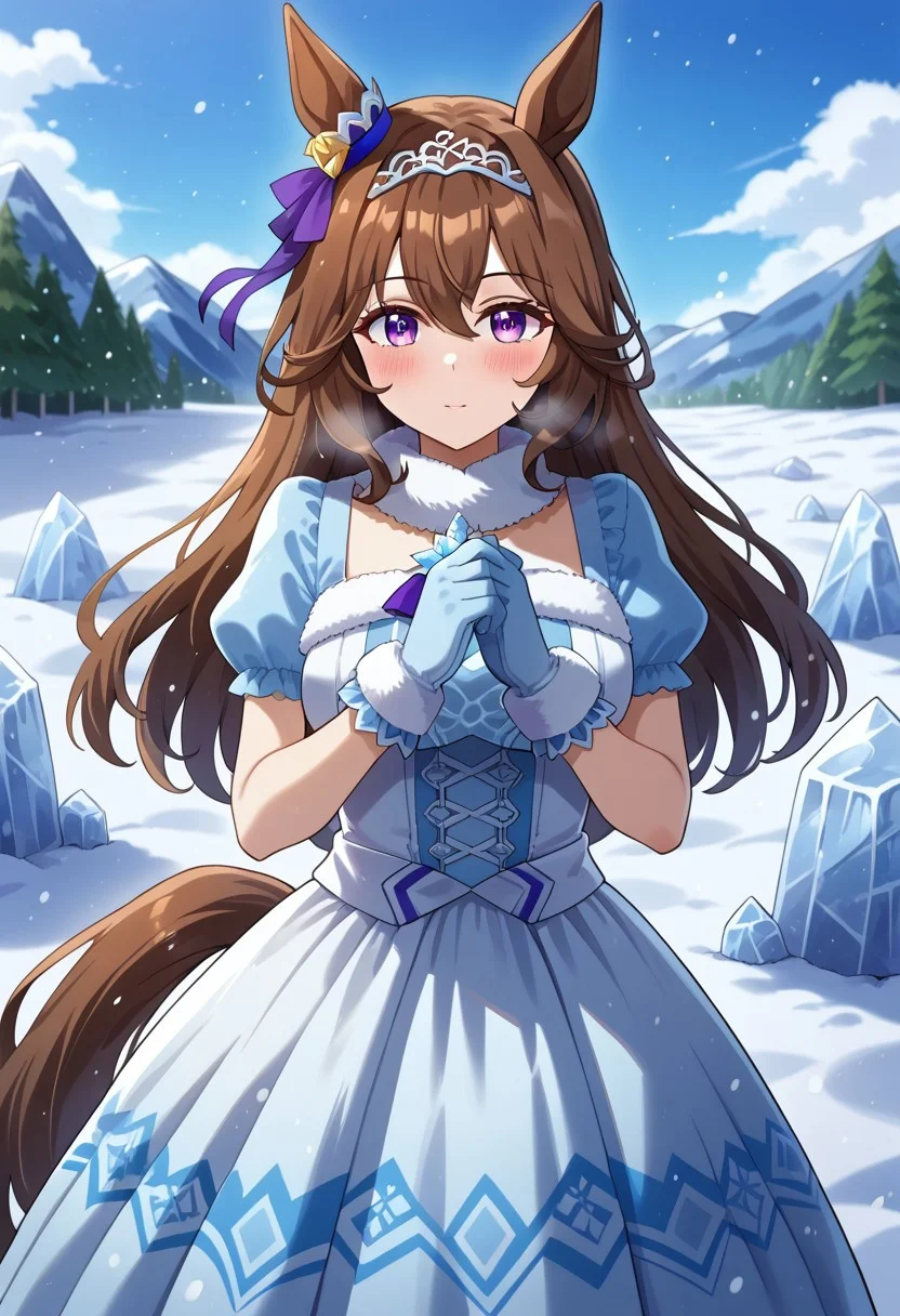 ( admire vega \(umamusume\),fr0stwrld, snow, ice,umamusume , 1girl ), white dress,
admire_vega_(glacialis_vega)_(umamusume) , snow white , 
commentary_request , highres , 
1girl , alternate_hairstyle , animal_ears , blush , breasts , brown_hair , dress , gloves , hair_between_eyes , hair_ornament , hairband , horse_ears , horse_girl , horse_tail , long_hair , looking_at_viewer ,  official_alternate_costume , purple_eyes , solo , tail , , with ice man,