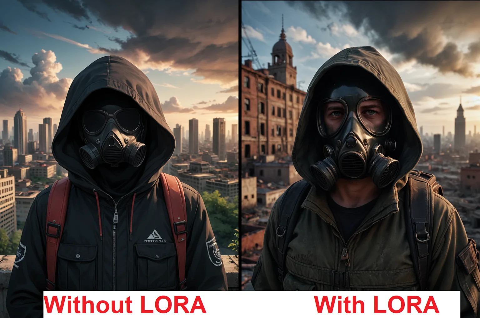 score_9, score_8_up, score_7_up,  score_6_up, BREAK, solo, looking at viewer, jacket, upper body, male focus, outdoors, sky, day, artist name, cloud, signature, hood, bag, blurry, no humans, mask, depth of field, blurry background, backpack, cloudy sky, building, scenery, hooded jacket, 1other, hood up, smoke, city, cityscape, ruins, tower, ambiguous gender, gas mask, post-apocalypse