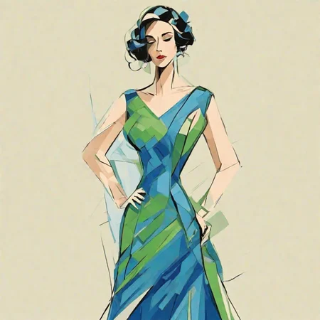 masterpiece,1lady,upperbody,dress,fill with blue|green,line-art-style,<lora:line-art-style-000007:1>,