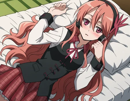 score_9, score_8_up, score_7_up, source_anime,
agkchelsea, <lora:agk-chelsea-s1-ponyxl-lora-nochekaiser:1>,
chelsea, pink eyes, hair between eyes, long hair, pink hair, straight hair,
collared shirt, diagonal stripes, dress shirt, hair ornament, headphones, long sleeves, neck ribbon, plaid, plaid skirt, pleated skirt, red ribbon, red skirt, ribbon, shirt, skirt, striped, vest, white shirt, wing collar,
indoors, bed, bed room, on side, blush, drunk,
cowboy shot, solo, dutch angle, looking at viewer,