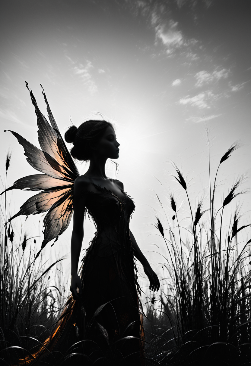 high-contrast monochrome palette, subtle grain, timeless feeling, cinematic quality, modern art photograph, silhouette of a beautiful fairy woman, melancholic, fine art photography, shot on Canon EOS 5D Mark III, some orange, tall grass, flowers, rooks, from below,
 <lora:we_fairy_r1-000005:0.6>