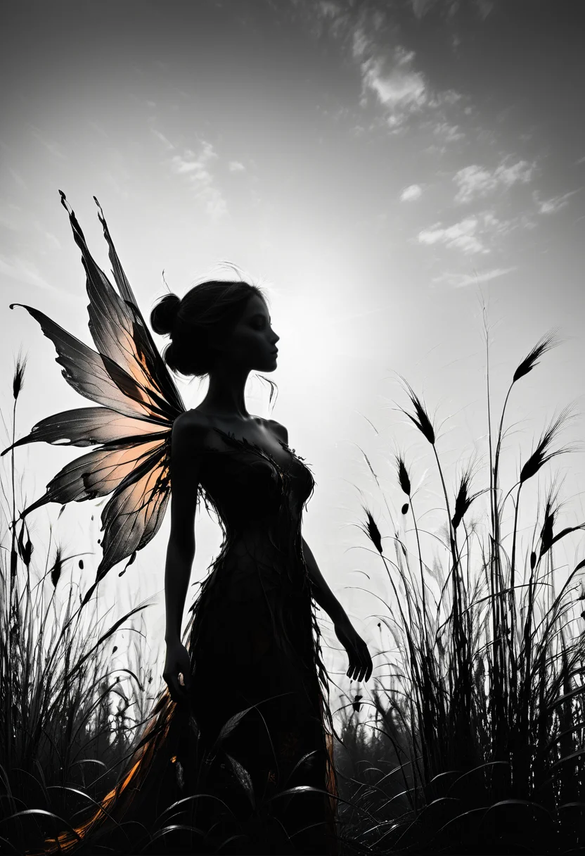 high-contrast monochrome palette, subtle grain, timeless feeling, cinematic quality, modern art photograph, silhouette of a beautiful fairy woman, melancholic, fine art photography, shot on Canon EOS 5D Mark III, some orange, tall grass, flowers, rooks, from below,
<lora:we_fairy_r1-000005:0.6>