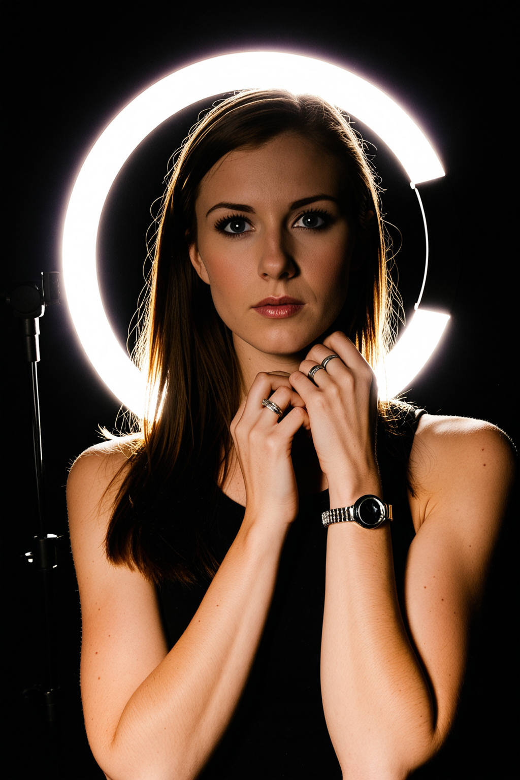 Portrait, Ring flash, rim light, studio flash, <lora:dmd2_sdxl_4step_lora_fp16:1.0>, <lora:subtle-lighting1-xl25:0.75>, <lora:dark:0.175>