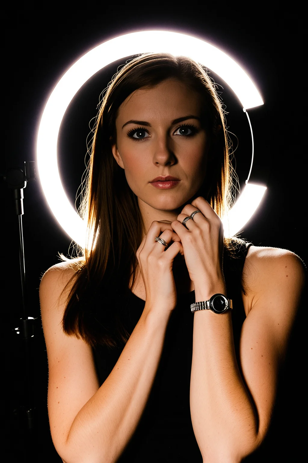 Portrait, Ring flash, rim light, studio flash, <lora:dmd2_sdxl_4step_lora_fp16:1.0>, <lora:subtle-lighting1-xl25:0.75>, <lora:dark:0.175>
