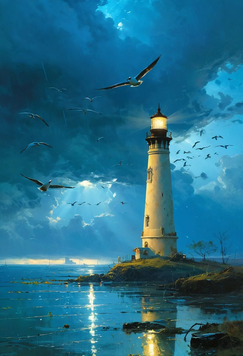 ((masterpiece, best quality, high quality, highres, ultra-detailed)), (the river, the flying birds,Night, rain) , , sky, clouds, sunlight, <lora:soldart:0.6> <lora:AngelicAI:0.1> <lora:add_detail:1>,, against the background of the
lighthouse, blue sky, , epic clouds, (oil painting:0.1), (best quality, 8K, high resolution, extreme detail, outstanding composition:1.4), art by Jeremy Mann, god rays, dramatic light, (oxygen-rich air and sheltered atmosphere, snowy, aesthetic of hard - edge painting:0.1),