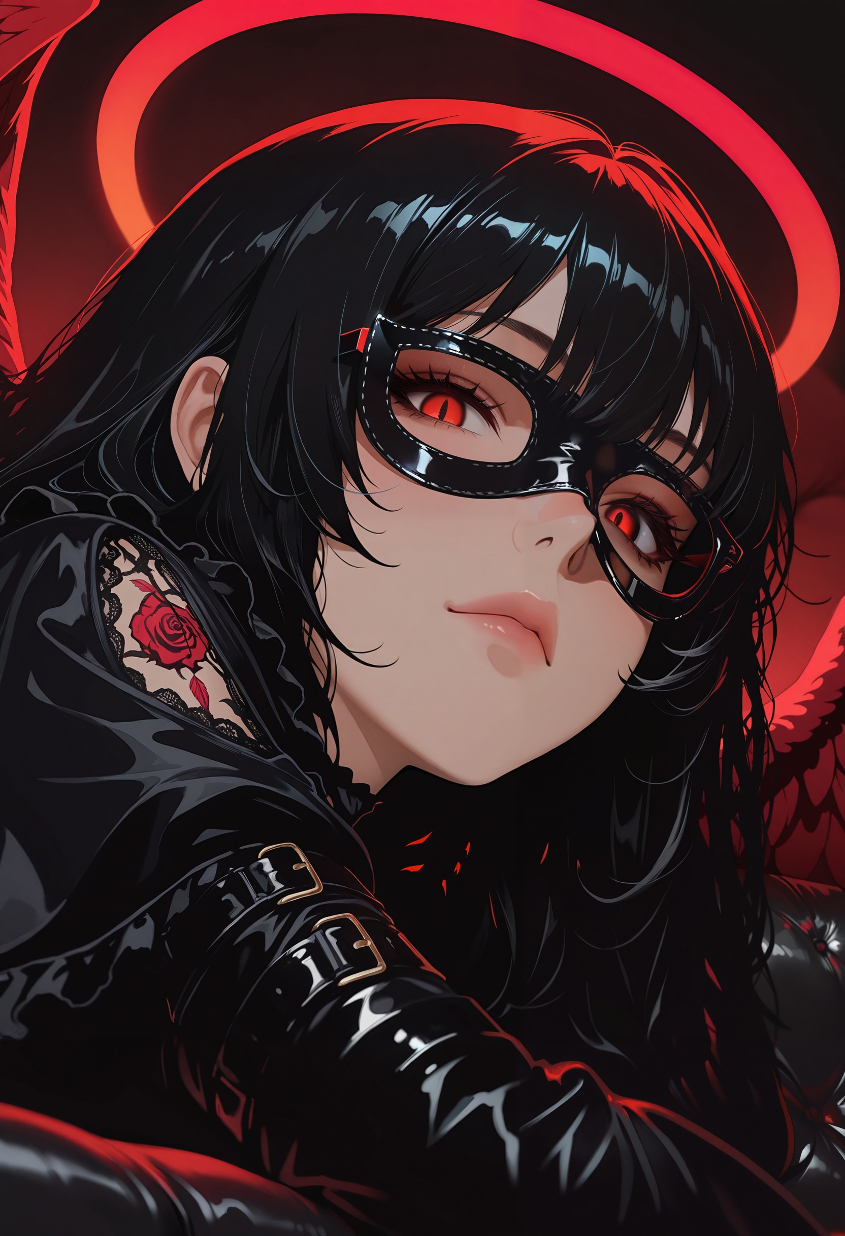 masterpiece, best quality, good quality, very aesthetic, absurdres, newest, 8K, depth of field, focused subject, close up, stylized, in black shades, wabi sabi, 1girl, gothic, red angel wings, looking at viewer, dynamic angle, from below, from side, relaxing, dark atmosphere, black couch, gates of hell