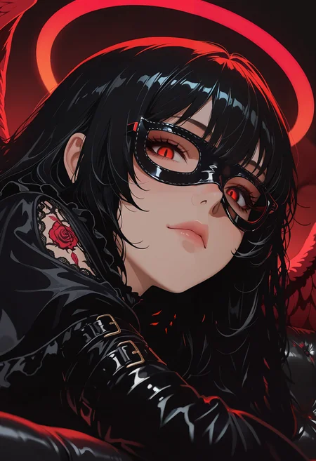 masterpiece, best quality, good quality, very aesthetic, absurdres, newest, 8K, depth of field, focused subject, close up, stylized, in black shades, wabi sabi, 1girl, gothic, red angel wings, looking at viewer, dynamic angle, from below, from side, relaxing, dark atmosphere, black couch, gates of hell