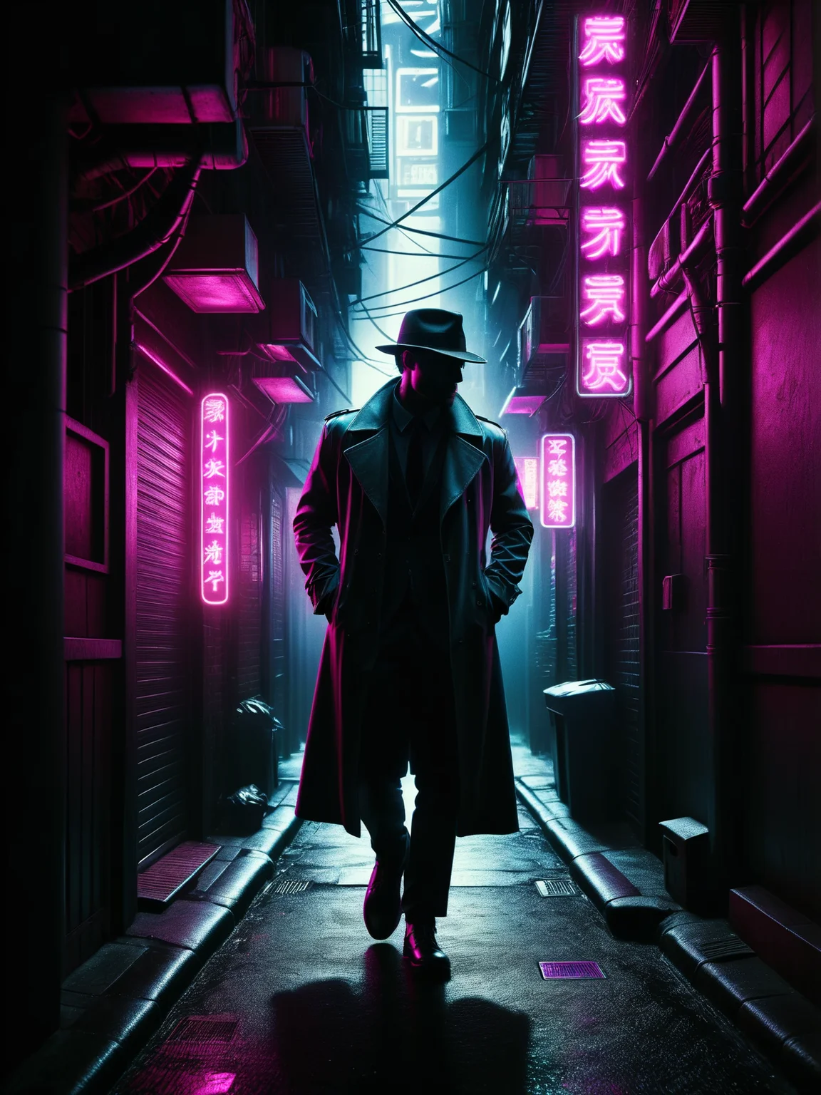 man walking down a dark alley<lora:Neon_Noir_SDXL:0.8> mad-neon-noir, masterpiece, best quality, ultra high res, (photorealistic, realistic:1.2), deep shadow, raw photo, film grain, Fujifilm XT3, 8k uhd, dslr