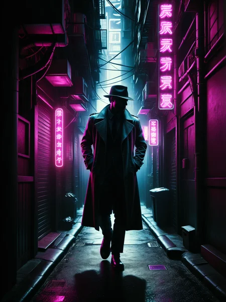 man walking down a dark alley<lora:Neon_Noir_SDXL:0.8> mad-neon-noir, masterpiece, best quality, ultra high res, (photorealistic, realistic:1.2), deep shadow, raw photo, film grain, Fujifilm XT3, 8k uhd, dslr