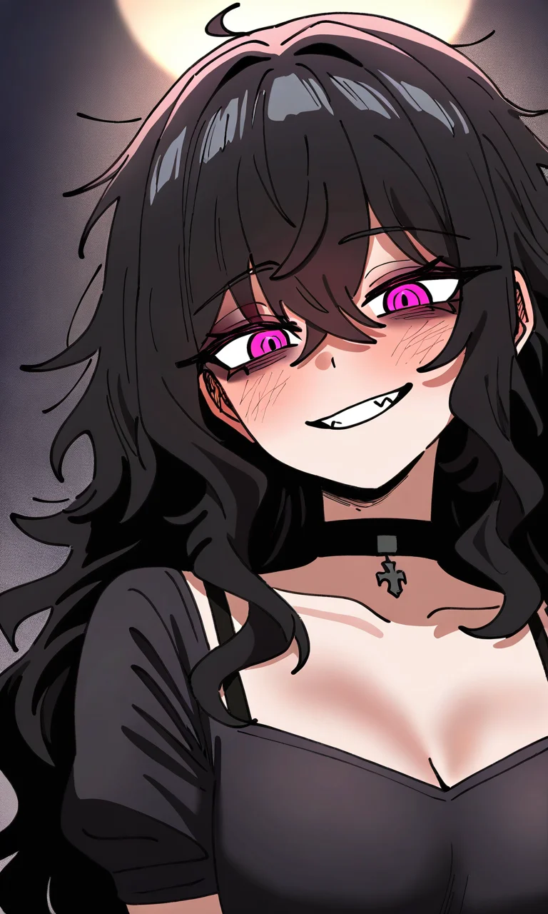 wolfcut, (fluffy hair), voluminous hair, wavy centerparted, wavy bangs, wavy hair, goth anime girl,