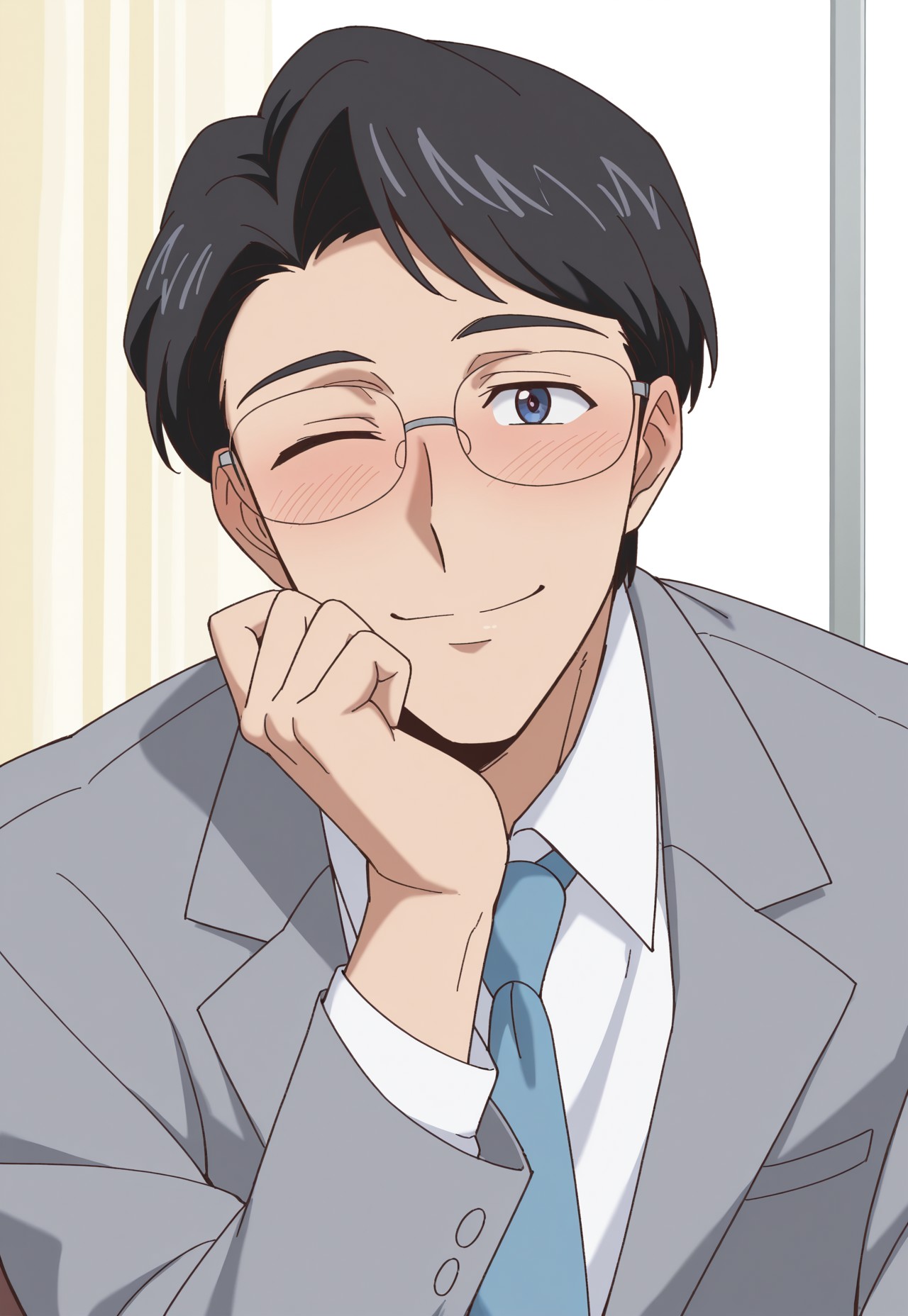 score_9, score_8_up, score_7_up, score_6_up, perfect anatomy, perfect proportions, best quality, masterpiece, high_resolution, high quality, highres, bara, 1boy, solo focus, solo, mature, masculine, manly, hunk, virile, handsome, charming, alluring, source_anime, anime coloringupper body, BREAK kenji_tsukino, black hair, short hair, dark blue eyes, grey suit, blue necktie, glasses, expressive face, newest, seductive_pose, looking at viewer, wink, smile, cute, blush, 