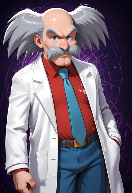 masterpiece, best quality, amazing quality, dutch angle, abstract background, BREAK
1boy, solo, male focus, old male, dr_wily, grey hair, mustache, grey eyes, lab coat, neck tie, shirt, blue pants, BREAK
<lora:cfg_scale_boost:.6>  <lora:Dr._Wily_-_Mega_Man_-_ILXL:1>