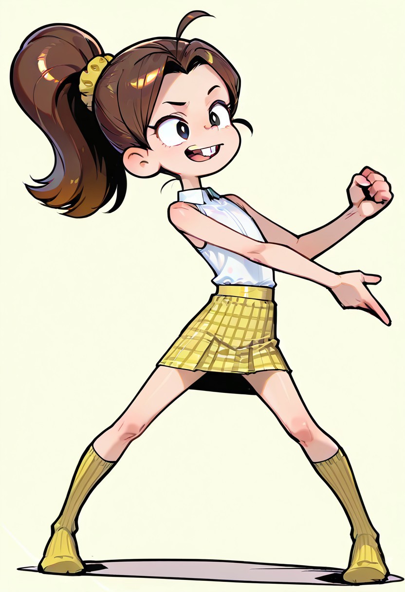 flat chest,
simple background,
full body,
Luan Loud, brown hair, ponytail, black eyes, yellow scrunchie,
Braces, buck teeth,
long hair, parted bangs,
white shirt, collared shirt, sleeveless, yellow skirt, plaid skirt, yellow socks, vertical striped socks, socks over the knee,
sexy pose, 
ONLY1girl, female,   slim, 
tight clothes, perfect detailed face, 
 <lora:Himehajime IL:1.0>,Himehajime,  screenshot,
 side view, dynamic angle, dynamic pose,