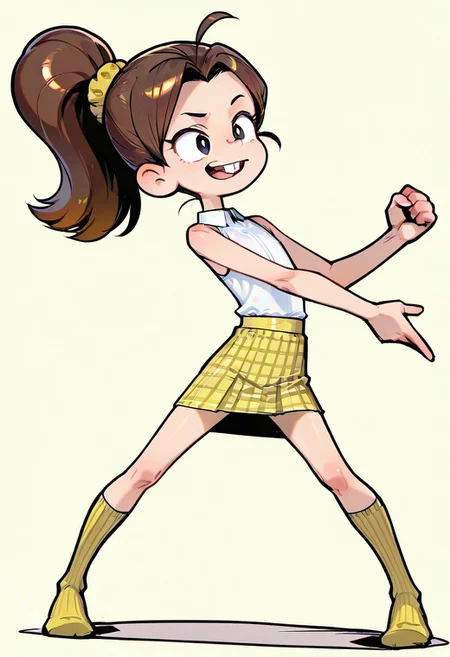 flat chest,
simple background,
full body,
Luan Loud, brown hair, ponytail, black eyes, yellow scrunchie,
Braces, buck teeth,
long hair, parted bangs,
white shirt, collared shirt, sleeveless, yellow skirt, plaid skirt, yellow socks, vertical striped socks, socks over the knee,
sexy pose, 
ONLY1girl, female,   slim, 
tight clothes, perfect detailed face, 
 <lora:Himehajime IL:1.0>,Himehajime,  screenshot,
 side view, dynamic angle, dynamic pose,